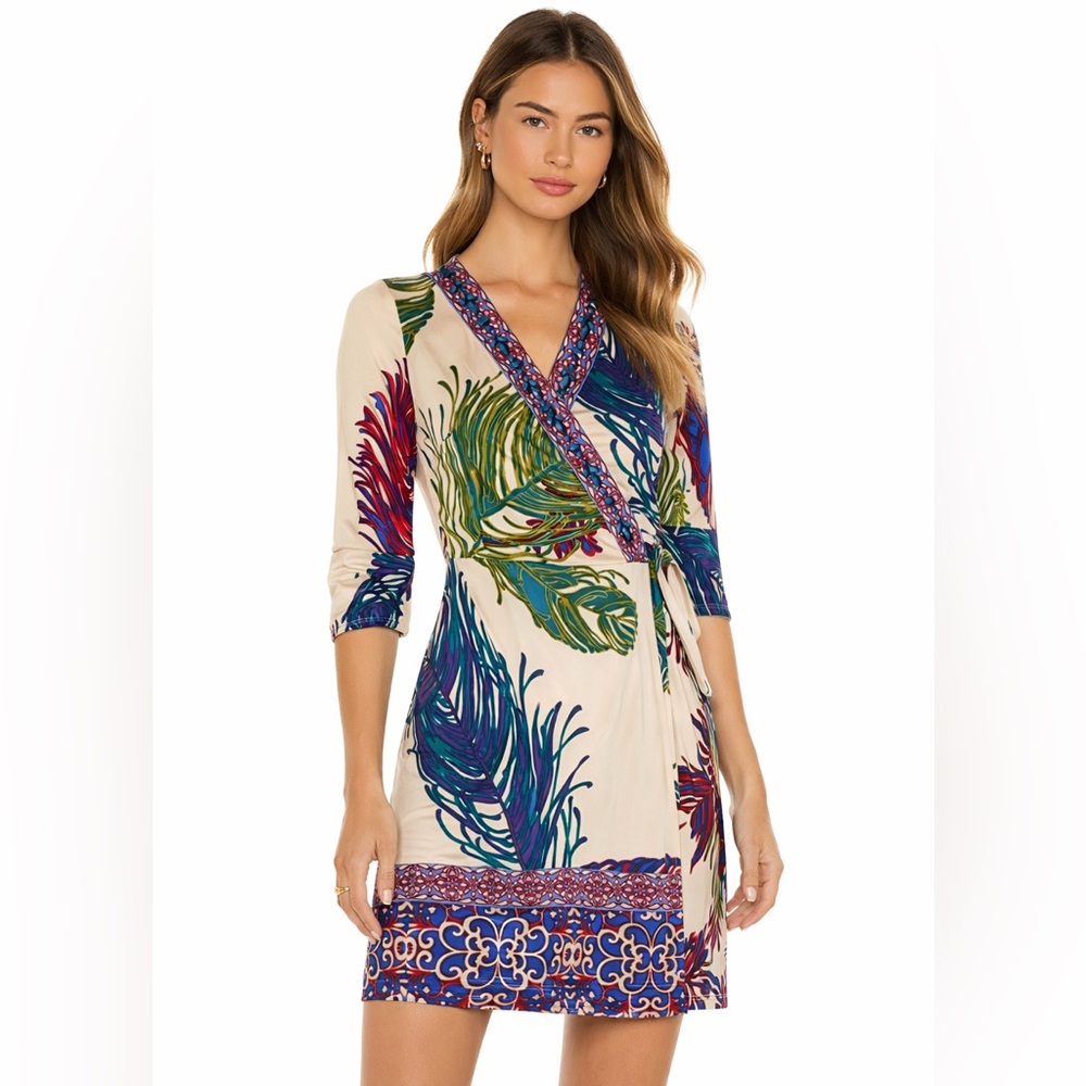 hale bob silk Floral Wrap Dress Blue Green Accents beaded